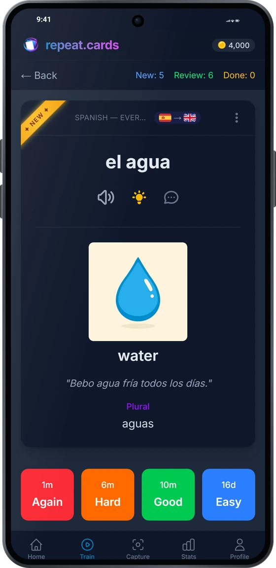 The Android app mid-review: el agua with its picture, example sentence and plural, above the four rating buttons and their next intervals