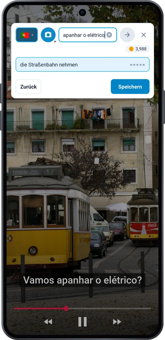 Die schwebende Schaltfläche über einem Video auf Android: der Untertitel apanhar o elétrico mit den Übersetzungen die Straßenbahn nehmen und die Straßenbahn erwischen