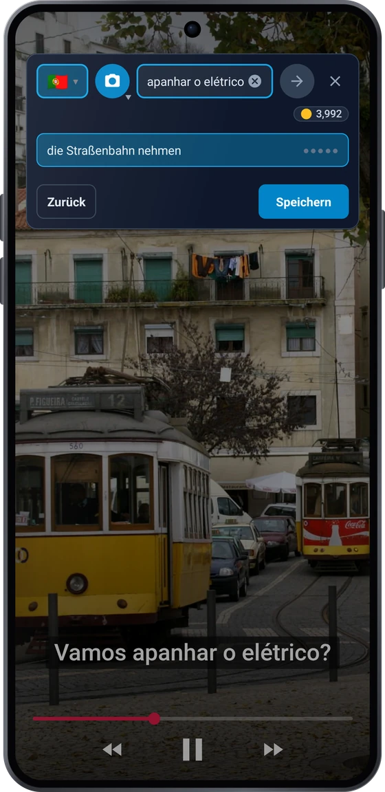 Die schwebende Schaltfläche über einem Video auf Android: der Untertitel apanhar o elétrico mit den Übersetzungen die Straßenbahn nehmen und die Straßenbahn erwischen