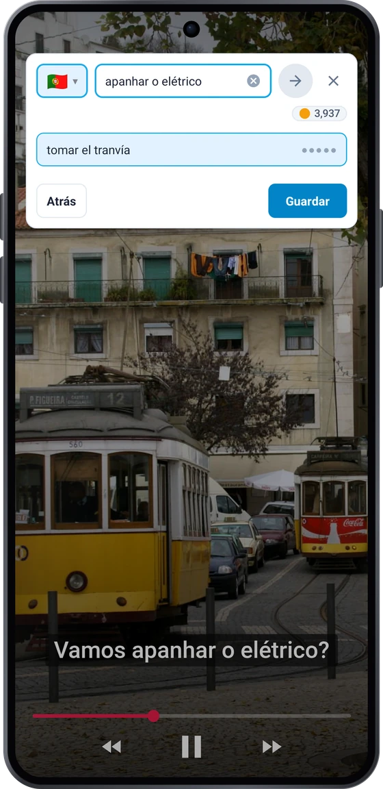 La burbuja de captura sobre un video en Android: la frase de los subtítulos apanhar o elétrico con las traducciones tomar el tranvía y subir al tranvía