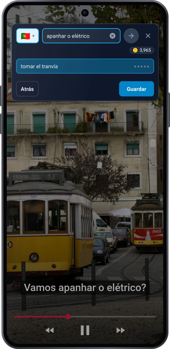 La burbuja de captura sobre un video en Android: la frase de los subtítulos apanhar o elétrico con las traducciones tomar el tranvía y subir al tranvía