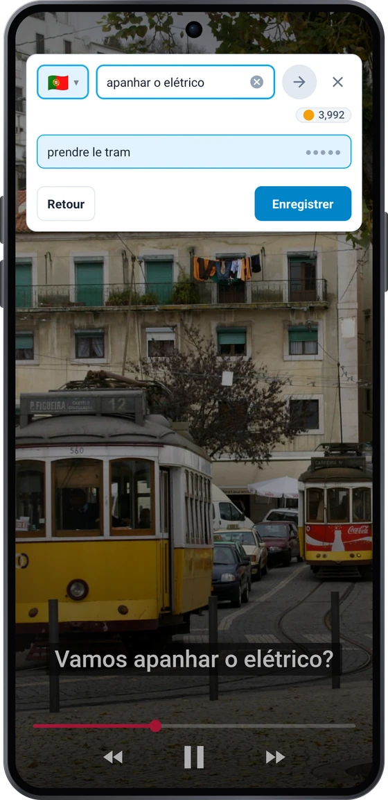 Le bouton flottant au-dessus d’une vidéo sur Android : la phrase de sous-titre apanhar o elétrico avec les traductions prendre le tram et attraper le tram