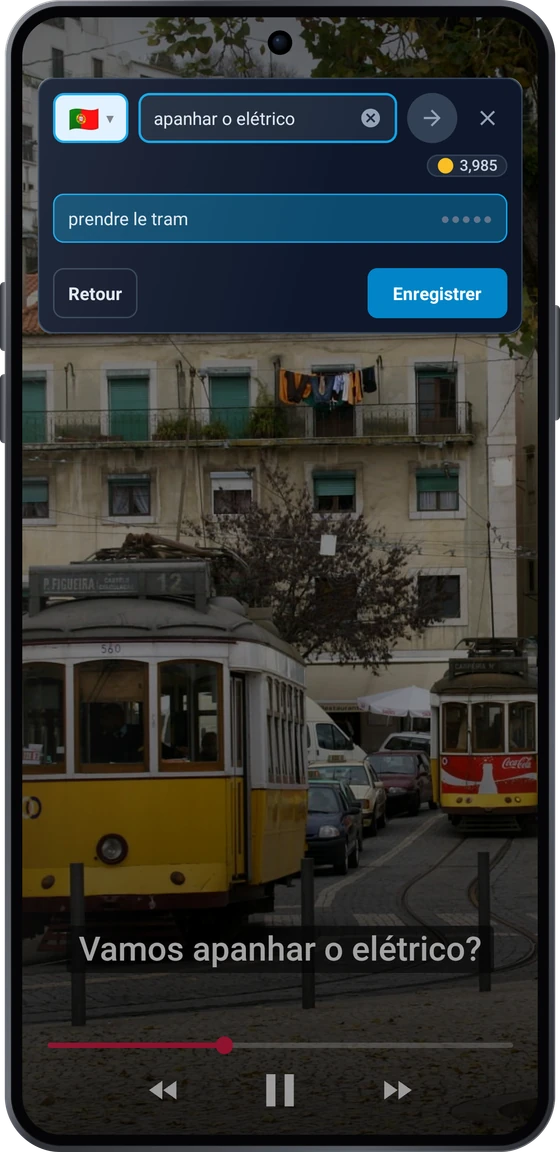 Le bouton flottant au-dessus d’une vidéo sur Android : la phrase de sous-titre apanhar o elétrico avec les traductions prendre le tram et attraper le tram