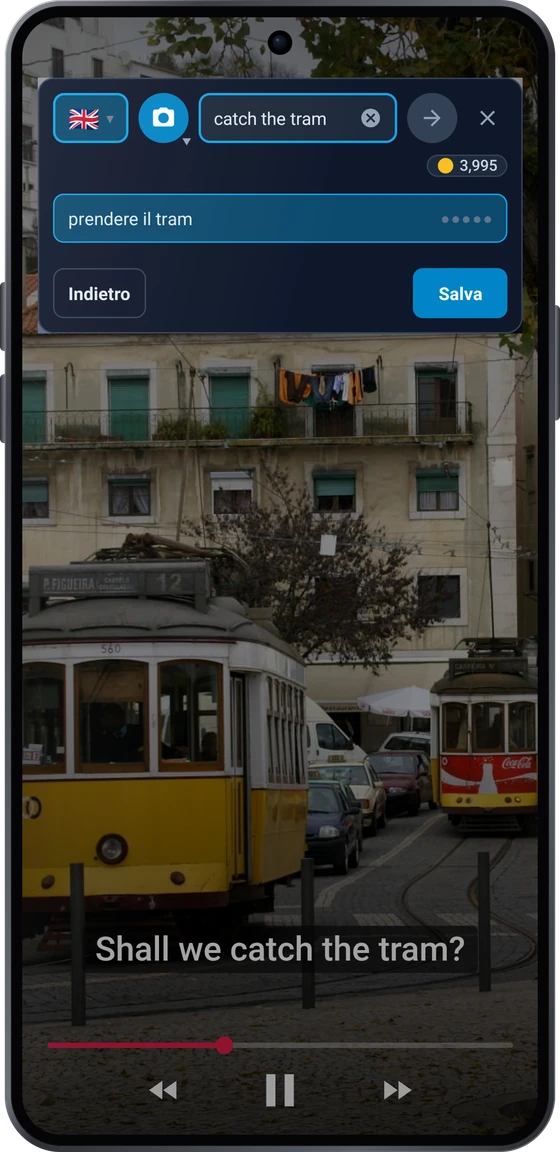Il pulsante flottante sopra un video su Android: l’espressione dei sottotitoli apanhar o elétrico con le traduzioni prendere il tram e salire sul tram