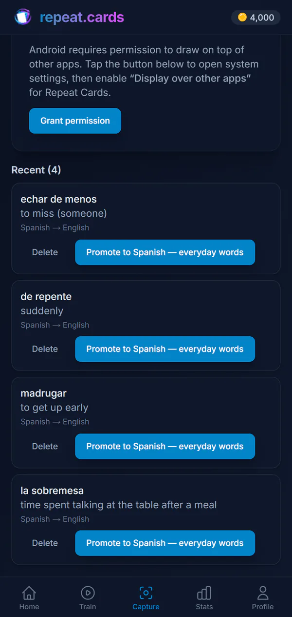 The capture inbox: echar de menos, de repente, madrugar and la sobremesa, each ready to become a card in the Spanish deck