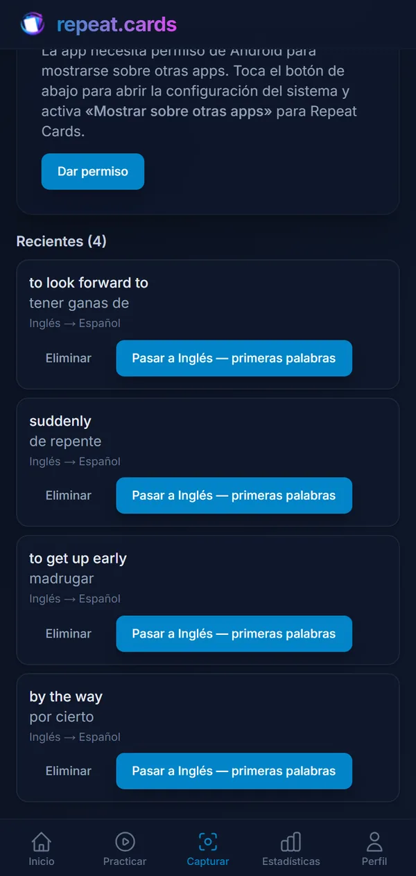 La bandeja de captura: echar de menos, de repente, madrugar y la sobremesa, cada una lista para convertirse en una tarjeta del mazo de español