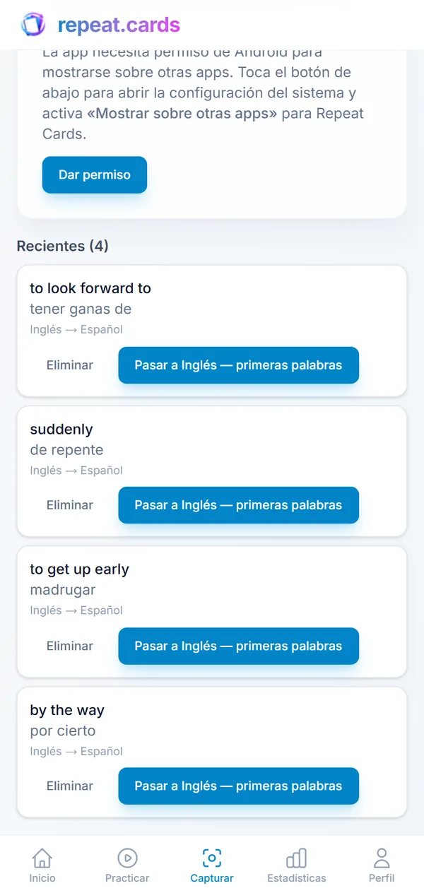 La bandeja de captura: echar de menos, de repente, madrugar y la sobremesa, cada una lista para convertirse en una tarjeta del mazo de español