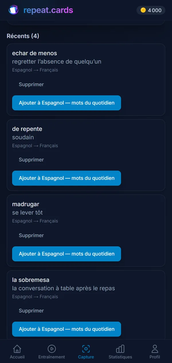 L’onglet « Capture » : echar de menos, de repente, madrugar et la sobremesa, chacun prêt à devenir une carte du paquet d’espagnol