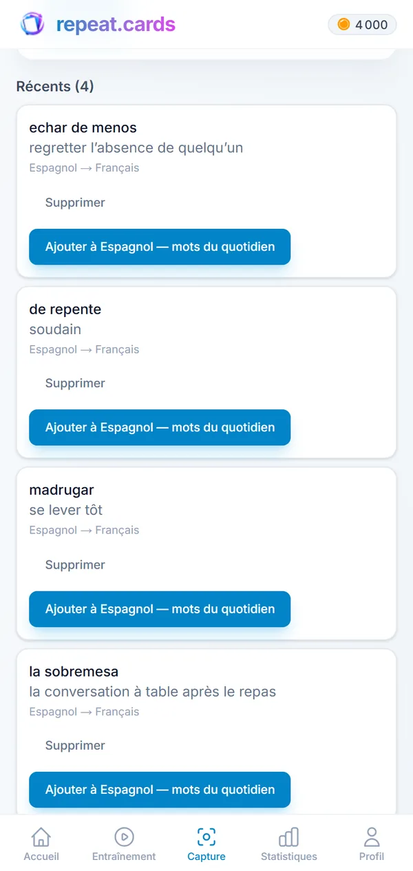 L’onglet « Capture » : echar de menos, de repente, madrugar et la sobremesa, chacun prêt à devenir une carte du paquet d’espagnol