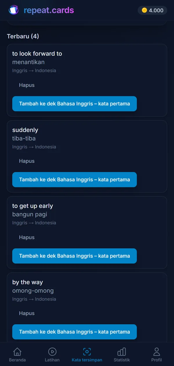 Daftar “Kata tersimpan”: to look forward to, suddenly, to get up early, dan by the way, masing-masing siap dijadikan kartu di dek bahasa Inggris