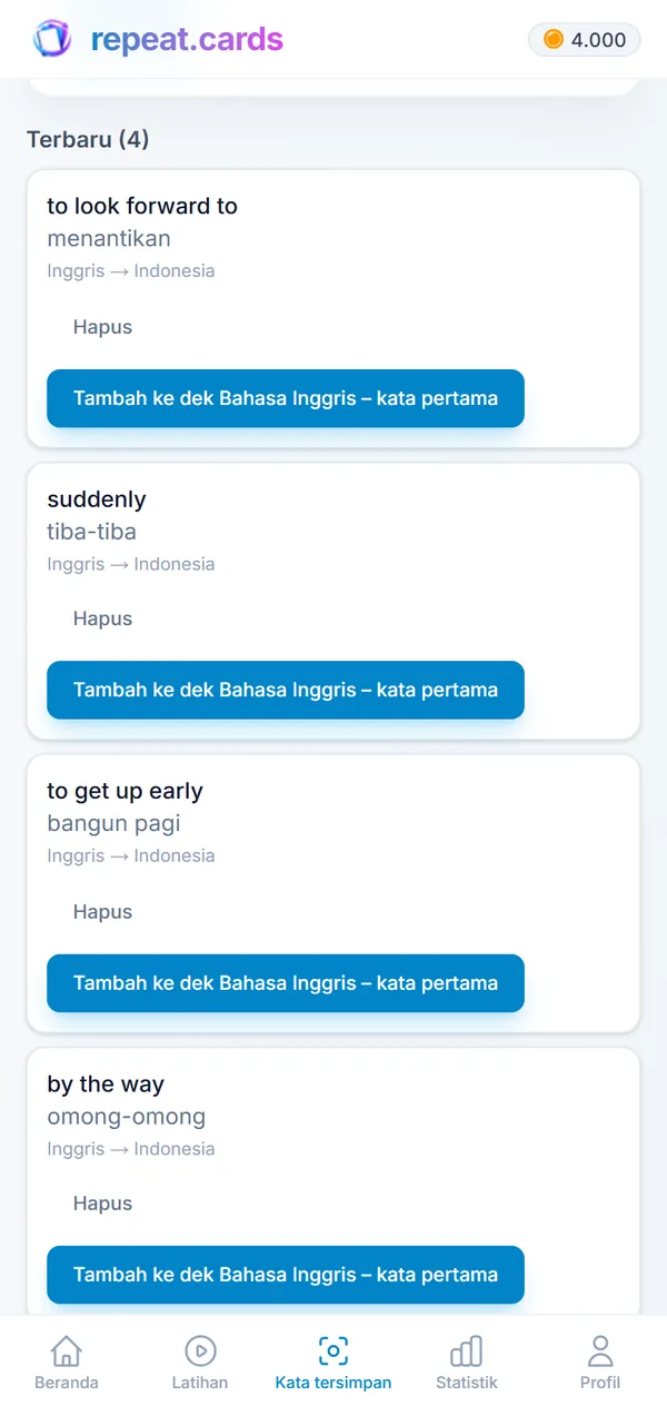 Daftar “Kata tersimpan”: to look forward to, suddenly, to get up early, dan by the way, masing-masing siap dijadikan kartu di dek bahasa Inggris