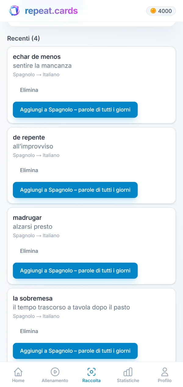 La «Raccolta»: echar de menos, de repente, madrugar e la sobremesa, ognuna pronta a diventare una carta nel mazzo di spagnolo