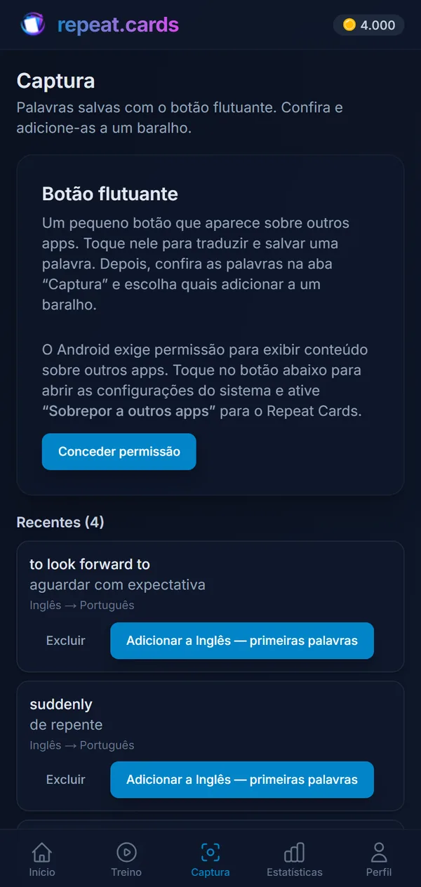 A caixa de entrada da Captura: echar de menos, de repente, madrugar e la sobremesa, cada uma pronta para virar um cartão no baralho de espanhol