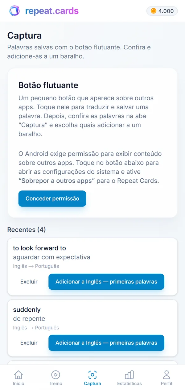 A caixa de entrada da Captura: echar de menos, de repente, madrugar e la sobremesa, cada uma pronta para virar um cartão no baralho de espanhol