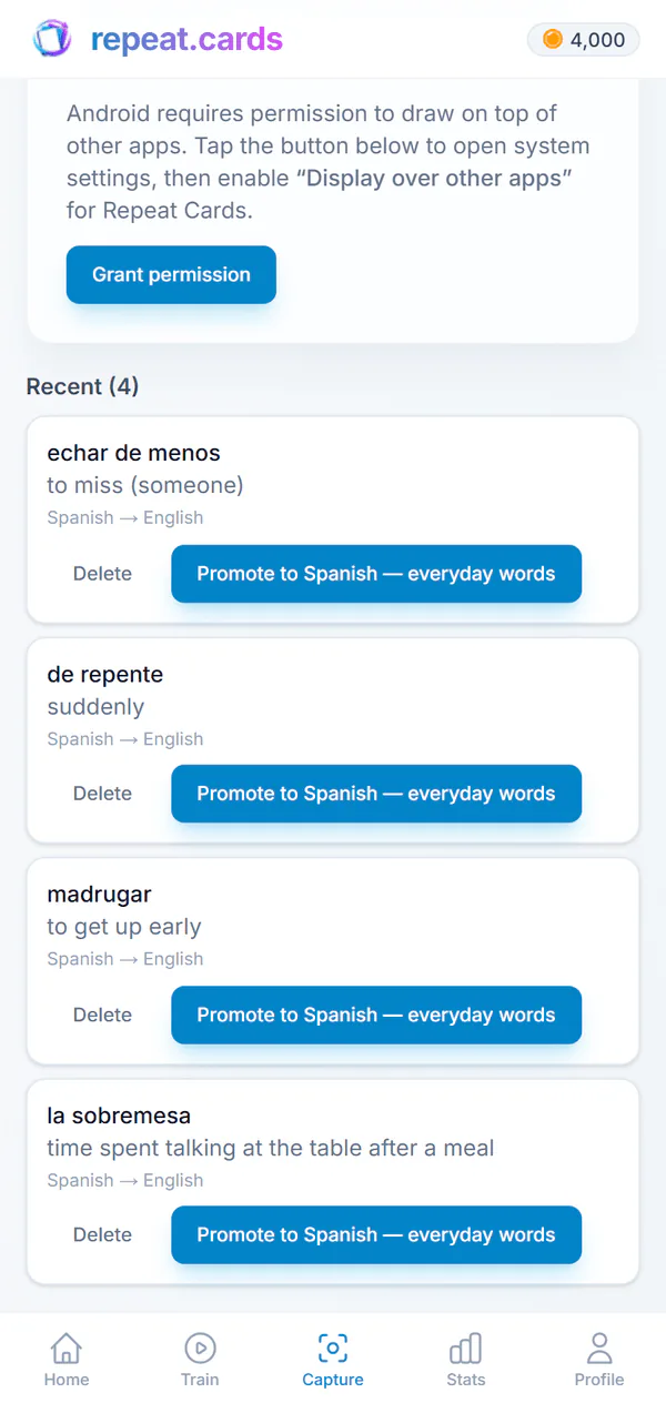 The capture inbox: echar de menos, de repente, madrugar and la sobremesa, each ready to become a card in the Spanish deck