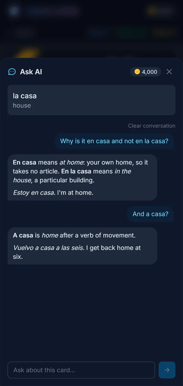 Ask AI about la casa: why it is en casa and not en la casa, and when to say a casa