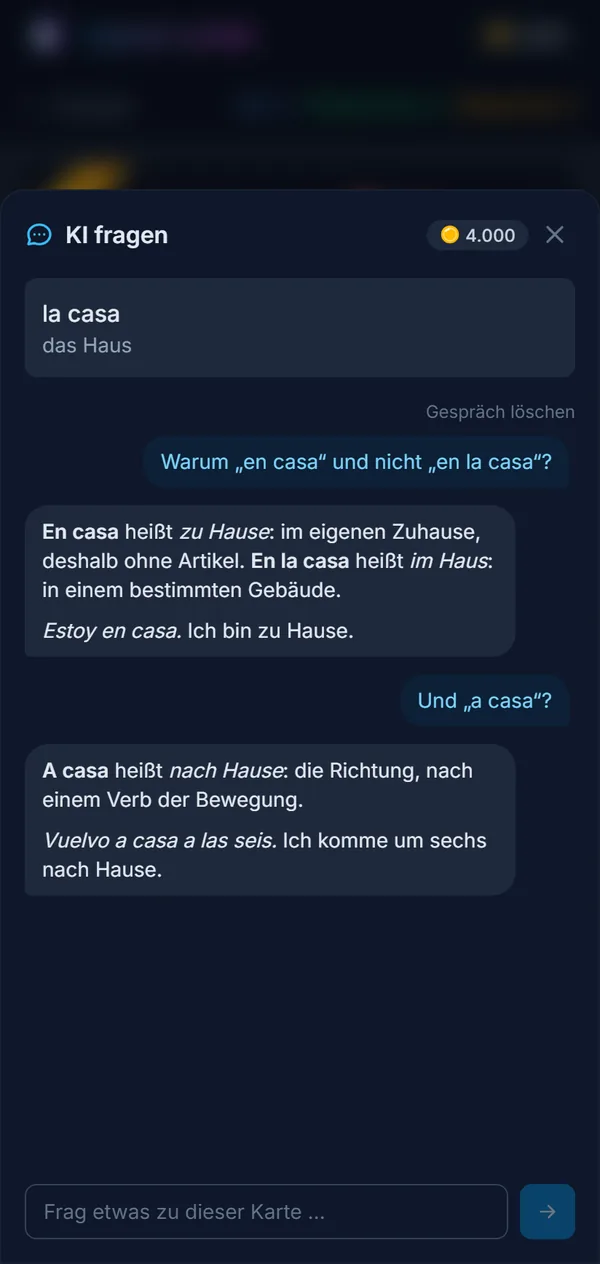 Eine Frage zu einem Wort und die Antwort darauf, direkt auf der Karte