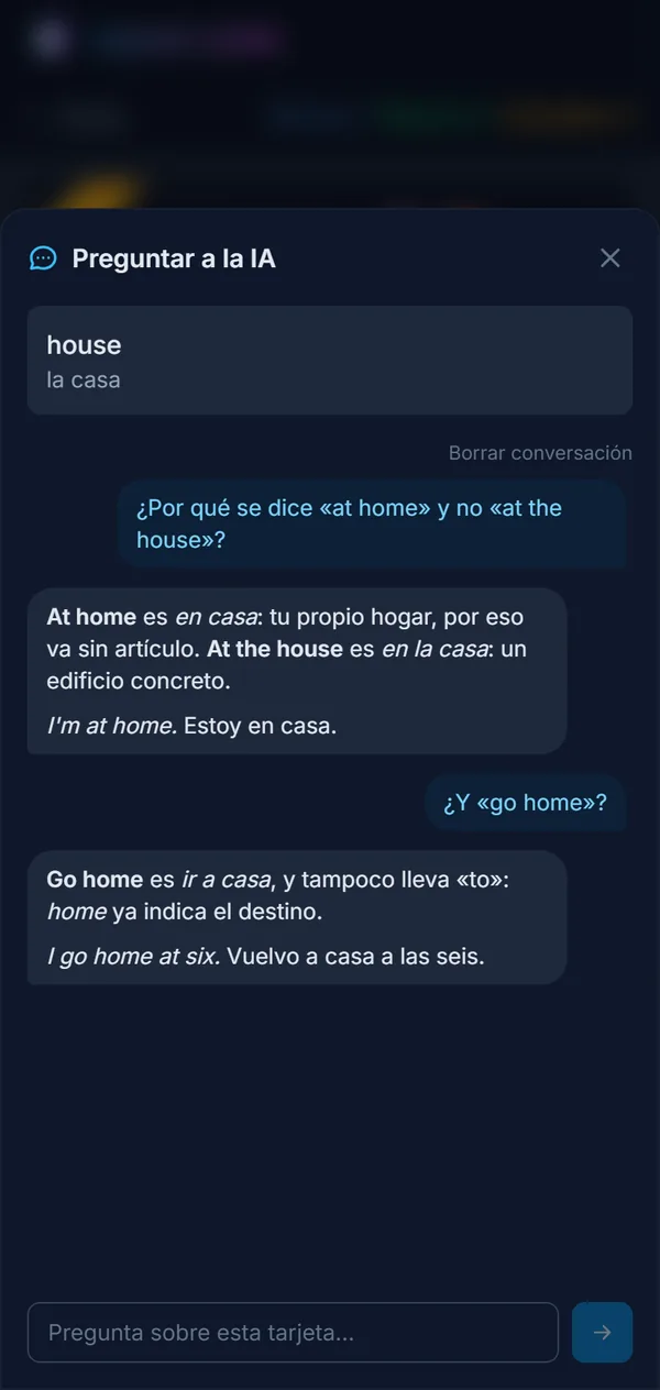 Una pregunta sobre una palabra y su respuesta, en la propia tarjeta