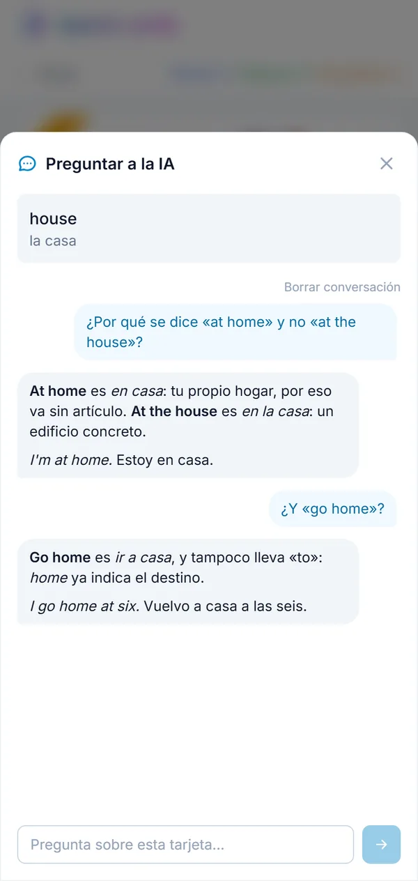 Una pregunta sobre una palabra y su respuesta, en la propia tarjeta
