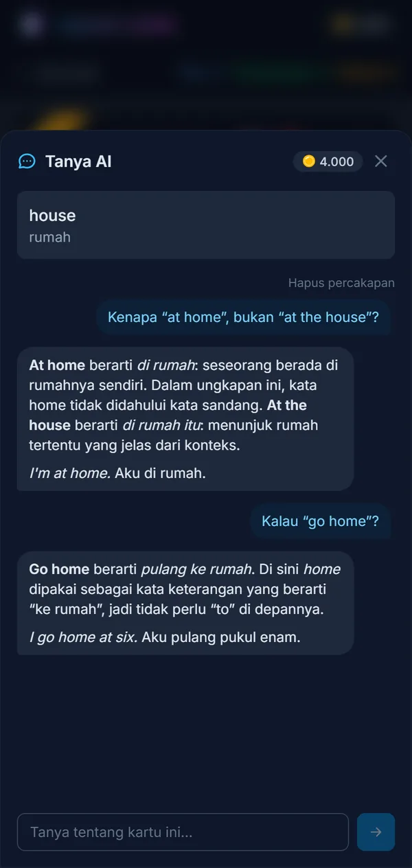 Pertanyaan tentang sebuah kata beserta jawabannya, langsung di kartu