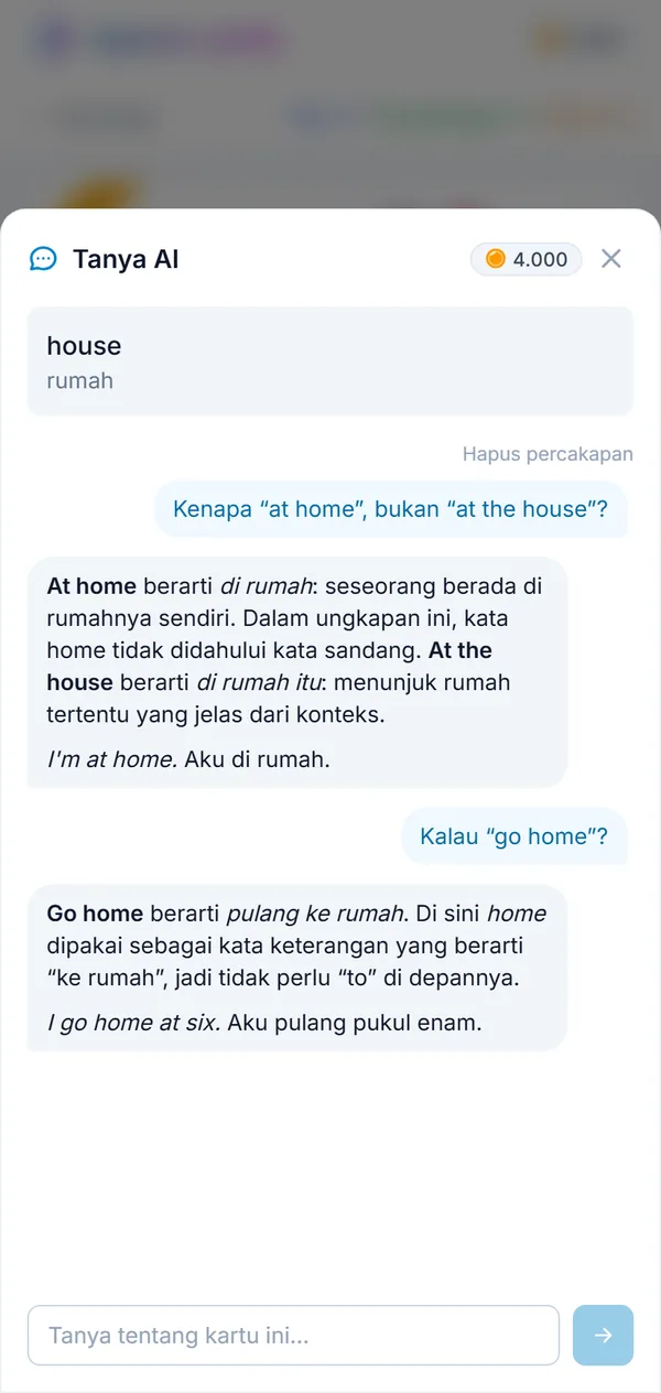 Pertanyaan tentang sebuah kata beserta jawabannya, langsung di kartu