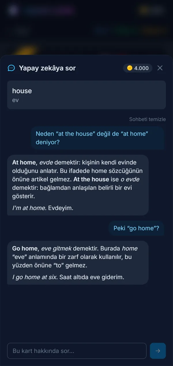 Bir kelime hakkında sorulan soru ve cevabı, kartın üzerinde