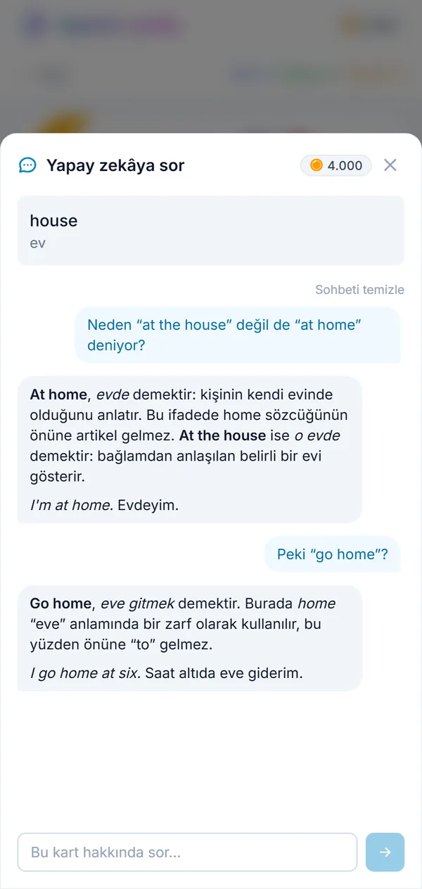 Bir kelime hakkında sorulan soru ve cevabı, kartın üzerinde