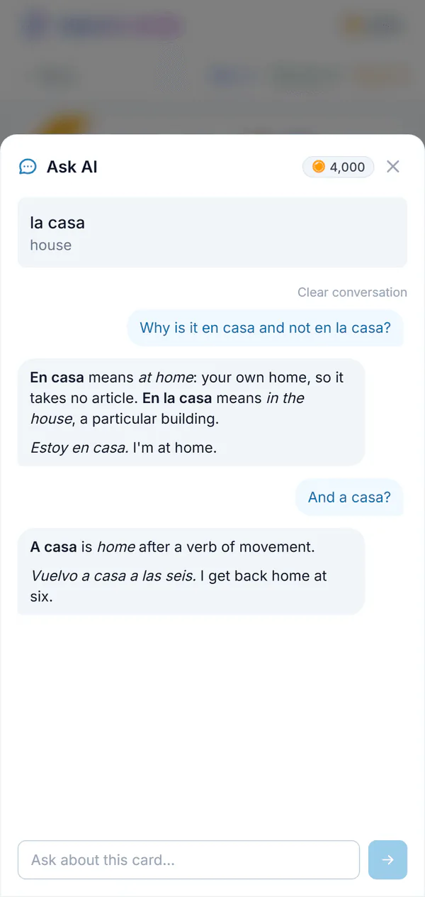 Ask AI about la casa: why it is en casa and not en la casa, and when to say a casa