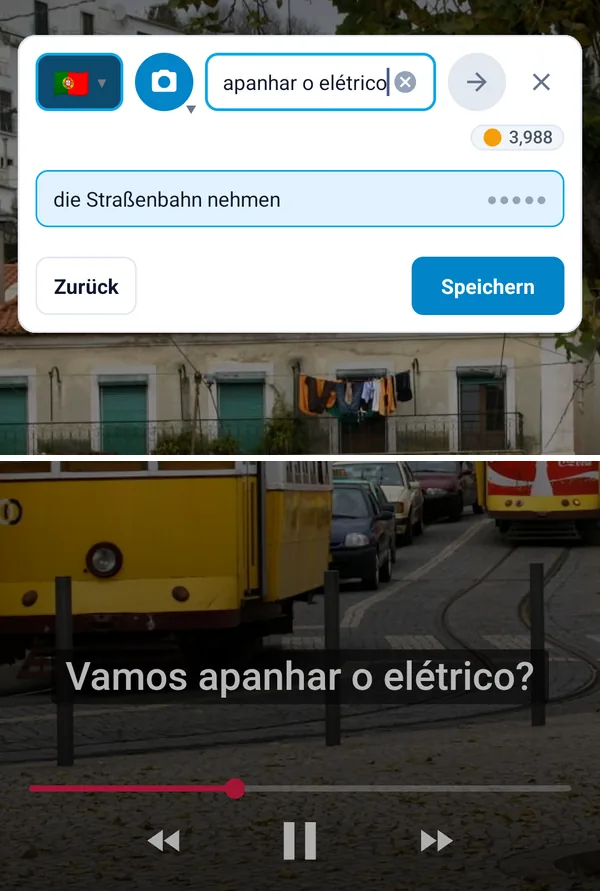 Über einem Video zeigt das schwebende Fenster die Übersetzung einer Wendung aus den Untertiteln