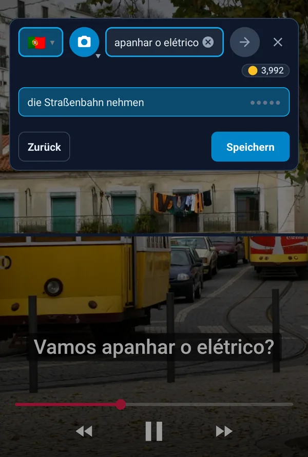Über einem Video zeigt das schwebende Fenster die Übersetzung einer Wendung aus den Untertiteln