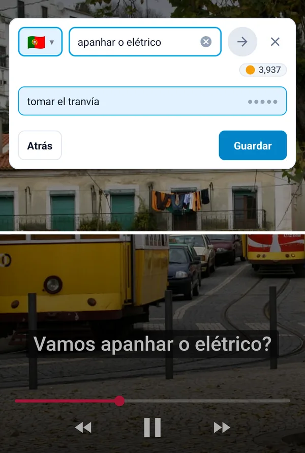 La burbuja de captura traduciendo una frase sobre el video de cuyos subtítulos salió