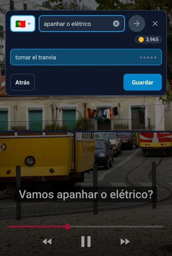 La burbuja de captura traduciendo una frase sobre el video de cuyos subtítulos salió