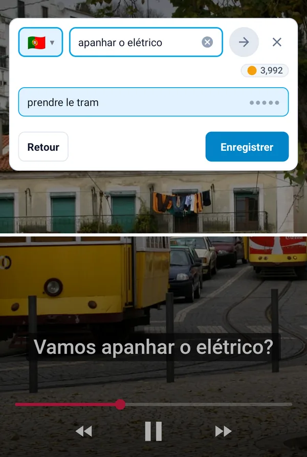 Le bouton flottant traduit une phrase tirée des sous-titres d’une vidéo, par-dessus la vidéo