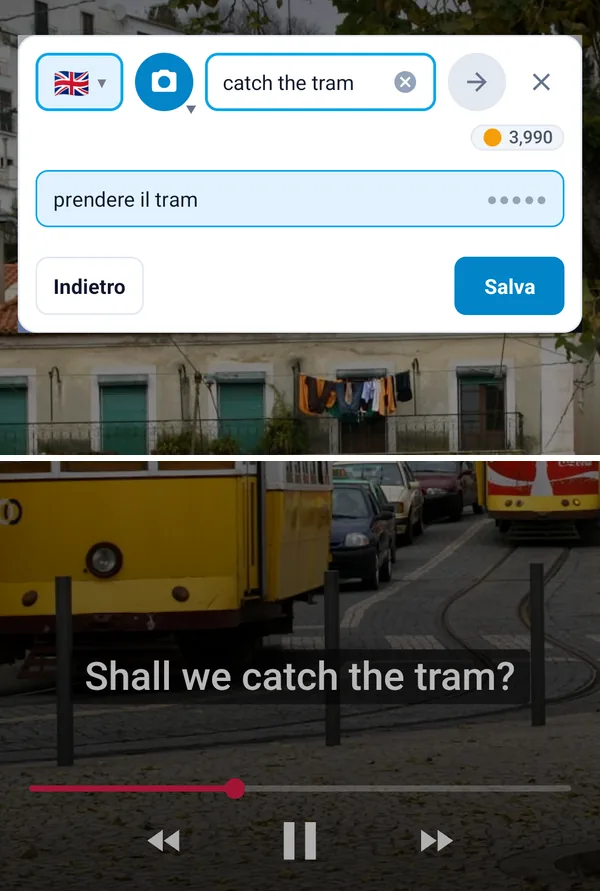 Il pulsante flottante che traduce una frase, sopra il video dai cui sottotitoli proviene