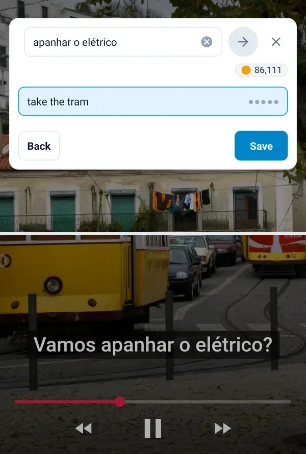 The capture bubble translating a phrase, over the video whose subtitles it came from