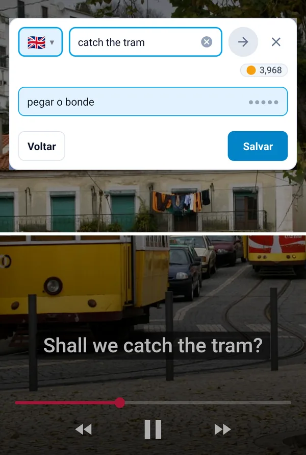 O botão flutuante traduz uma frase retirada das legendas de um vídeo, sem sair do vídeo.