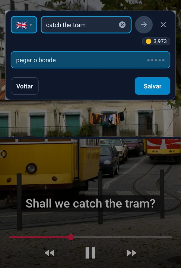 O botão flutuante traduz uma frase retirada das legendas de um vídeo, sem sair do vídeo.