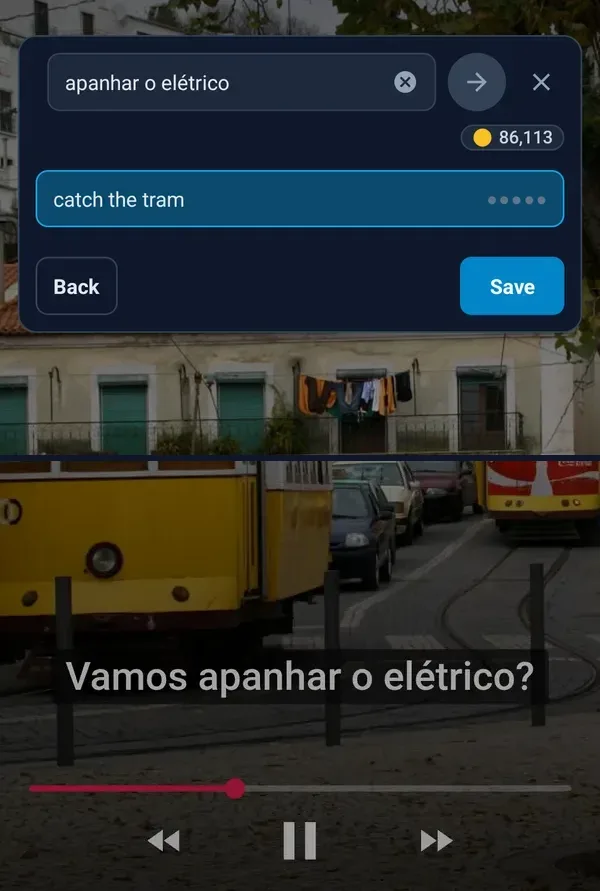 The capture bubble translating a phrase, over the video whose subtitles it came from