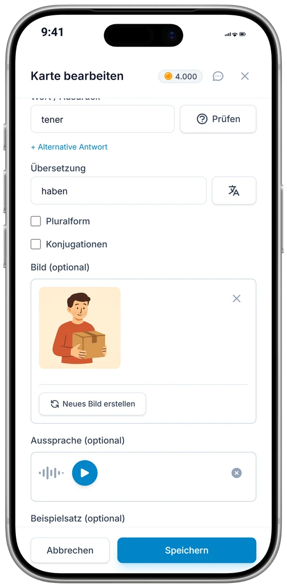 Der Karteneditor auf einem iPhone: die Übersetzung, ein gezeichnetes Bild und eine Aussprache