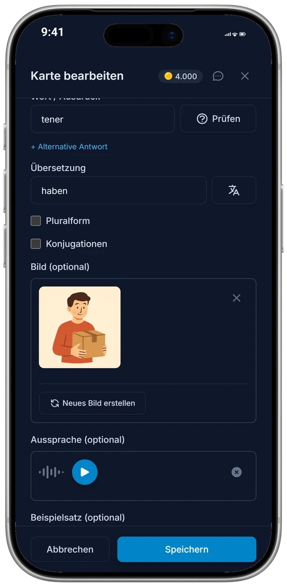 Der Karteneditor auf einem iPhone: die Übersetzung, ein gezeichnetes Bild und eine Aussprache
