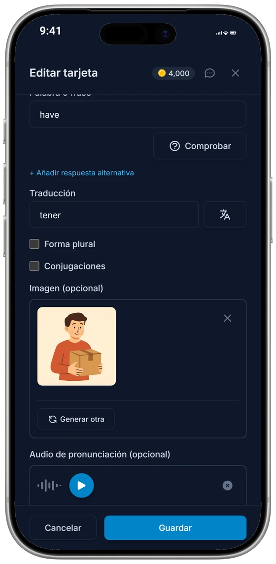 El editor de tarjetas en un iPhone: la traducción, una imagen generada y el audio de la pronunciación