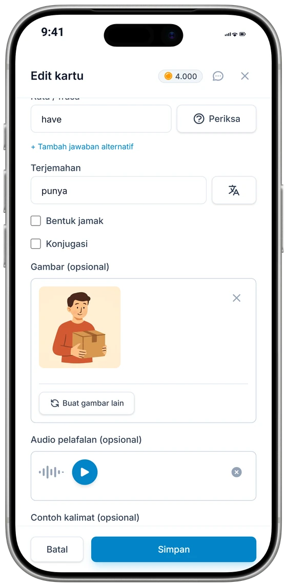Editor kartu di iPhone: terjemahan, gambar buatan AI, dan audio pelafalan