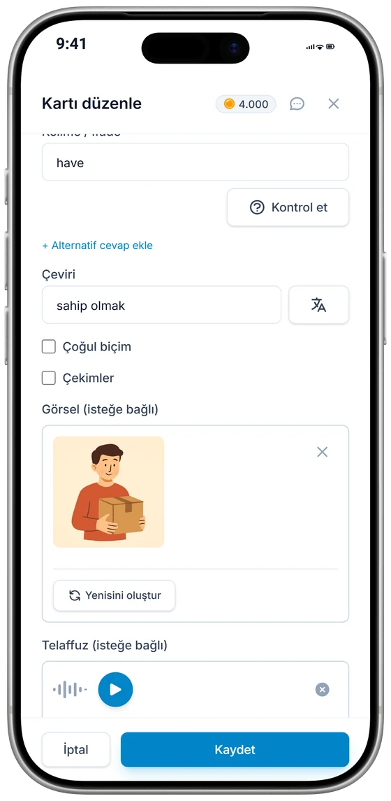iPhone’da kart düzenleyici: çeviri, yapay zekâyla oluşturulmuş bir görsel ve telaffuz sesi