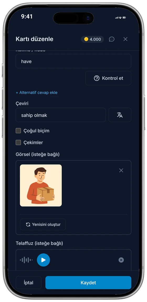 iPhone’da kart düzenleyici: çeviri, yapay zekâyla oluşturulmuş bir görsel ve telaffuz sesi