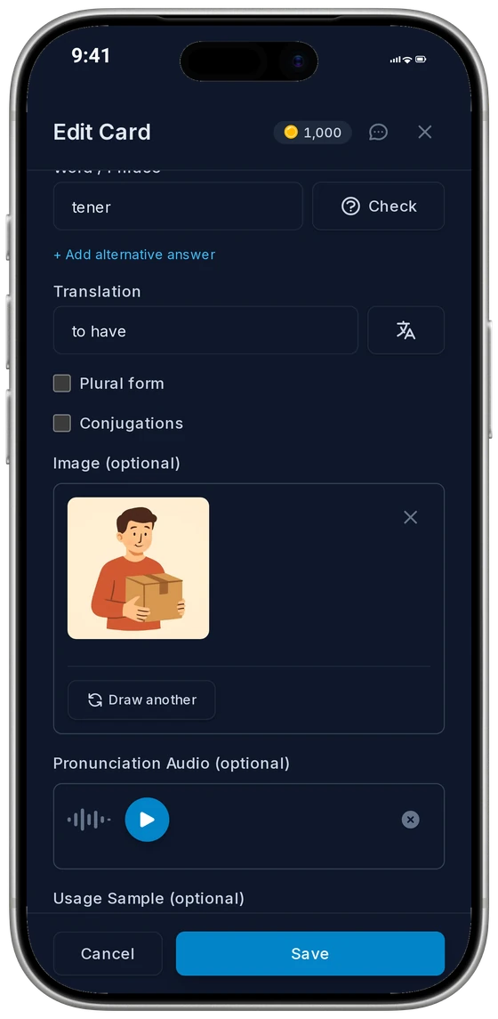 The card editor on an iPhone: the translation, a drawn picture and a pronunciation recording