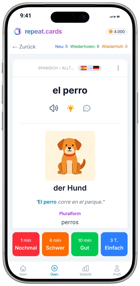 Die iPhone-App mitten in der Wiederholung: el libro mit Bild, Beispielsatz und Pluralform, über den vier Bewertungsknöpfen mit ihren nächsten Intervallen