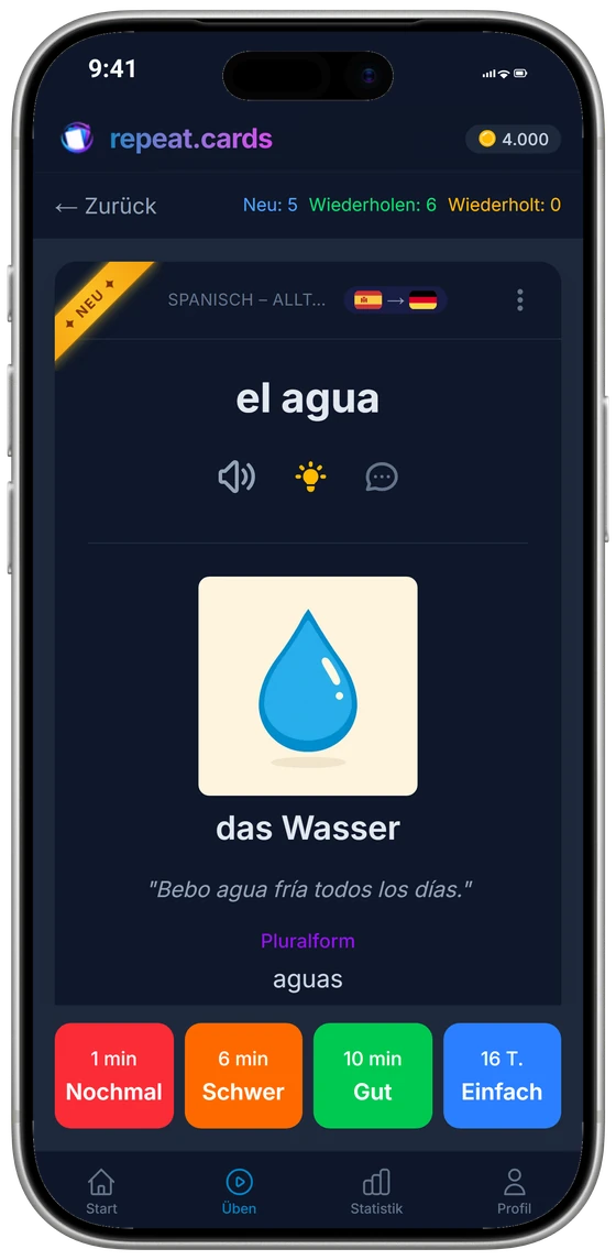 Die iPhone-App mitten in der Wiederholung: el libro mit Bild, Beispielsatz und Pluralform, über den vier Bewertungsknöpfen mit ihren nächsten Intervallen