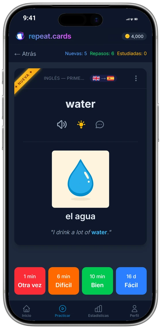 La app para iPhone en pleno repaso: el libro con su imagen, una oración de ejemplo y su plural, sobre los cuatro botones de valoración y sus próximos intervalos