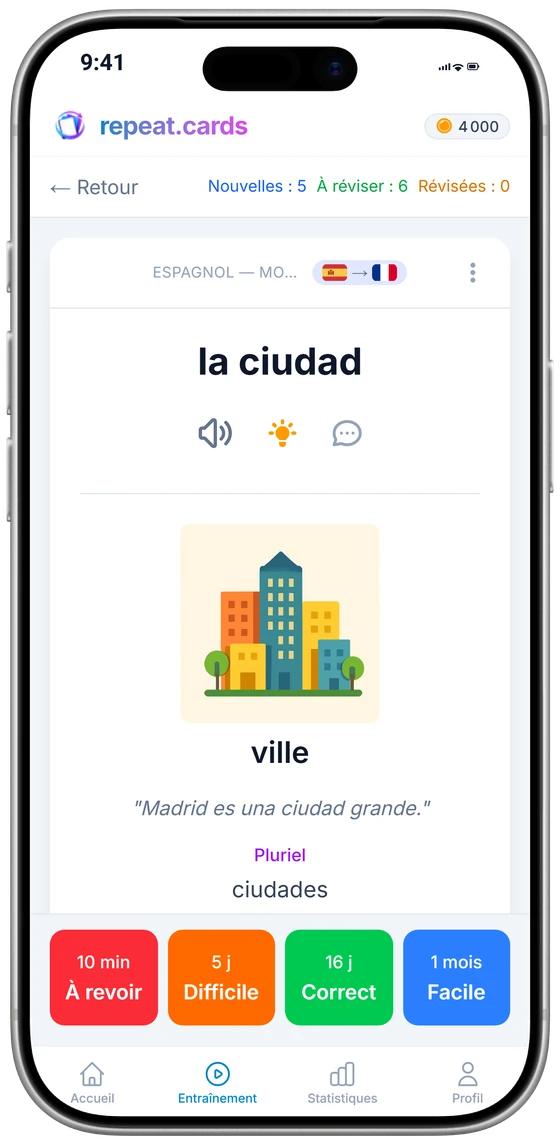 L’application iPhone en pleine révision : el libro avec son image, une phrase d’exemple et son pluriel, au-dessus des quatre boutons d’évaluation et de leurs prochains intervalles