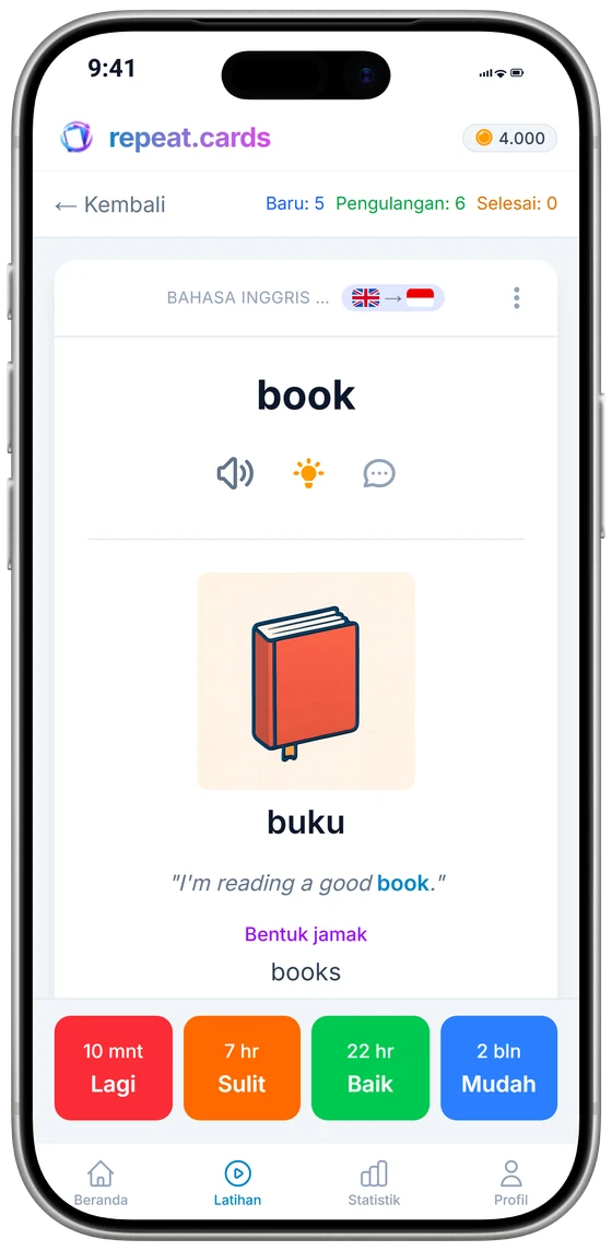 Kartu book di aplikasi iPhone: gambar, contoh kalimat, bentuk jamak, dan empat tombol penilaian dengan jeda pengulangan berikutnya